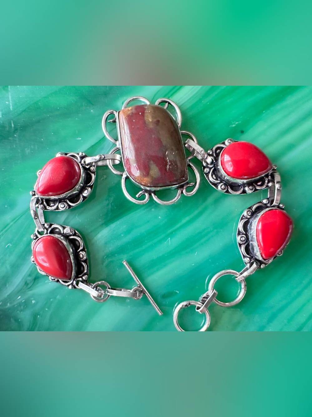 Artisan Red Coral Teardrop and MOOKAITE Silver Bracelet